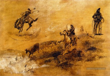 Indiens et cowboys œuvres - bronco busting conduite en 1889 Charles Marion Russell Indiana cow boy